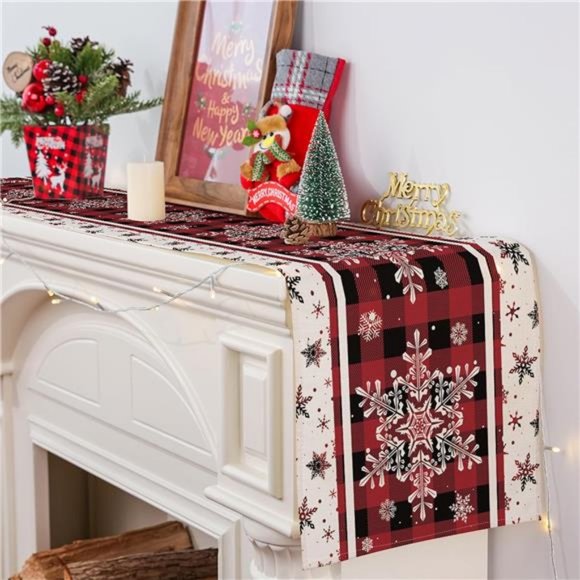Christmas Table Runner Plaid Decor Winter Snowflake Decoration Decorative Cloth - Picture 5 of 10